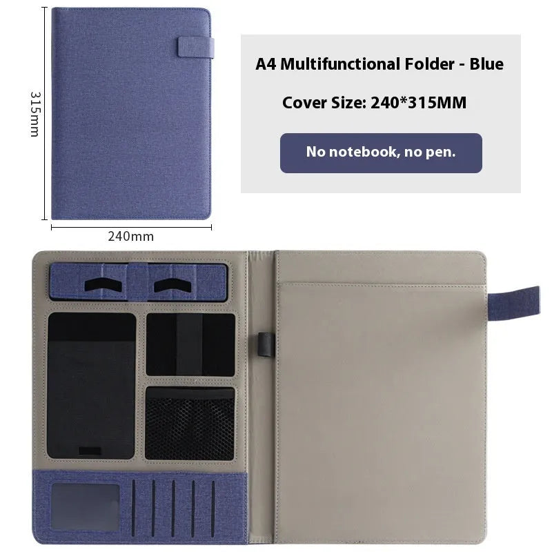 A4 leather business folder in black colour showing document storage and accessory features