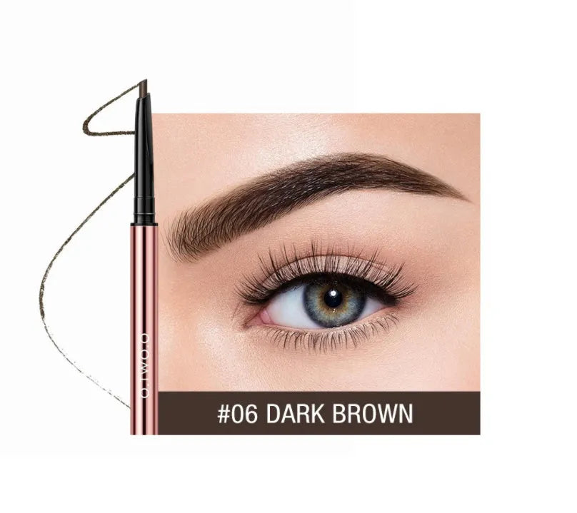 Eyebrow makeup pencil in colour box packaging, shown in shades of Auburn, Blonde, Caramel, Dark Brown, Soft Brown, and Taupe.