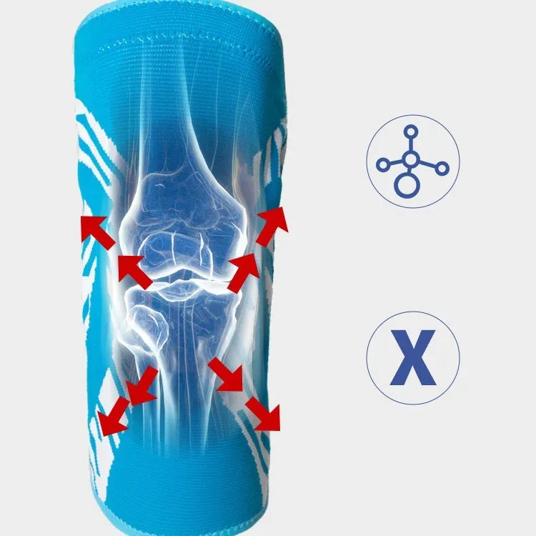 Men's nylon basketball knee pads in black and blue colours showing knee protection design