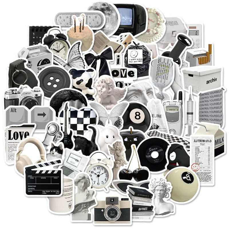 Black and white PVC waterproof sticker set with 61 pieces for laptop phone luggage customisation