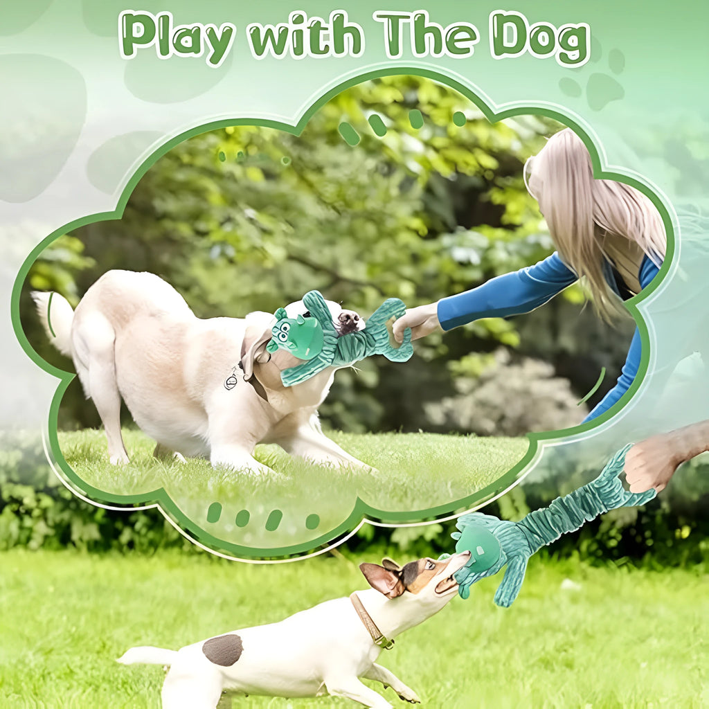 Large soft plush squeaky dog toy in animal design with a handle for tug of war.