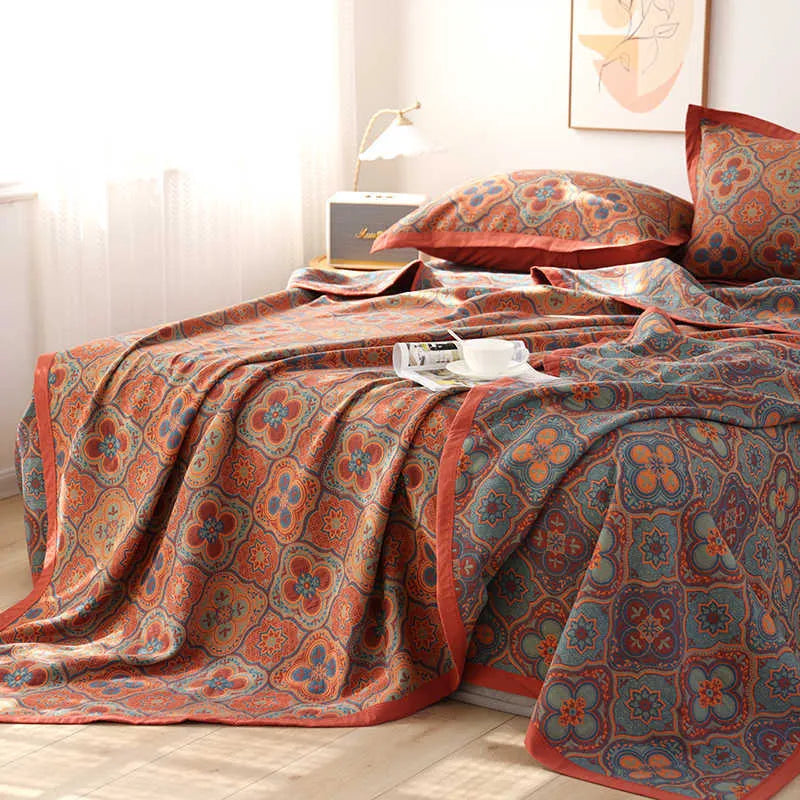 Cotton gauze bed blanket three-piece set with floral pattern in three size options