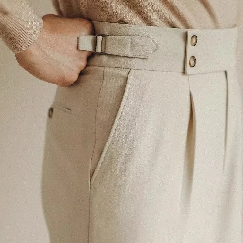 Men's slim fit straight leg formal trousers in black, white or apricot colours