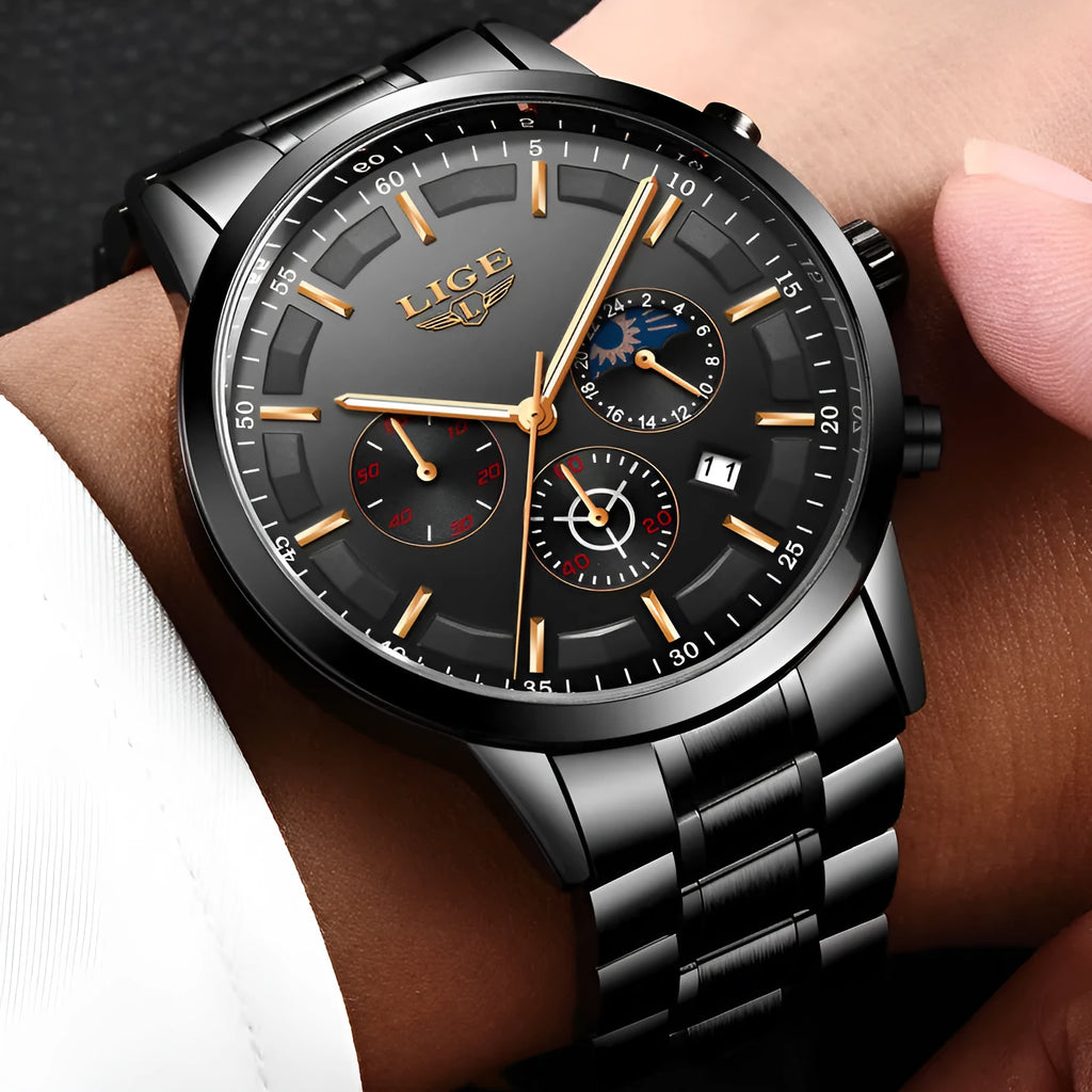 Men's black waterproof quartz sports watch with business styling on wrist