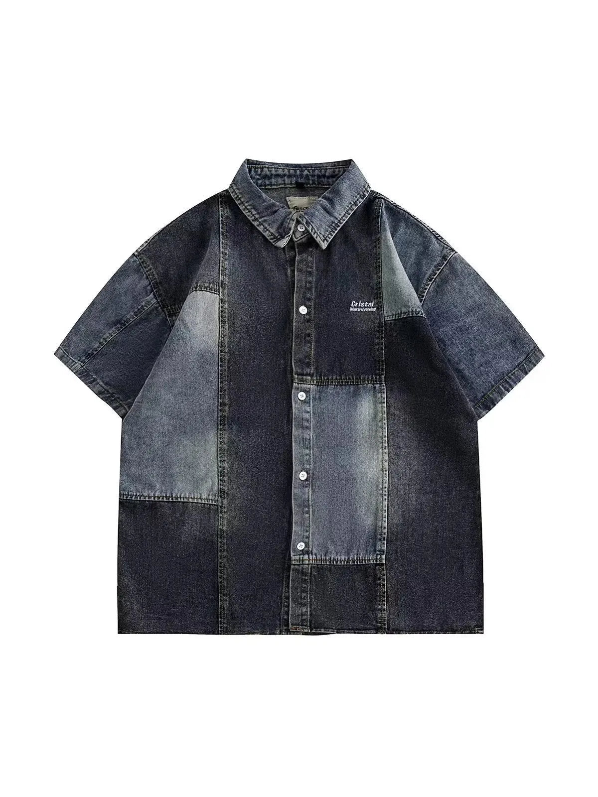 Blue Japanese-style men's denim shirt with retro washed stitching and loose cardigan fit.
