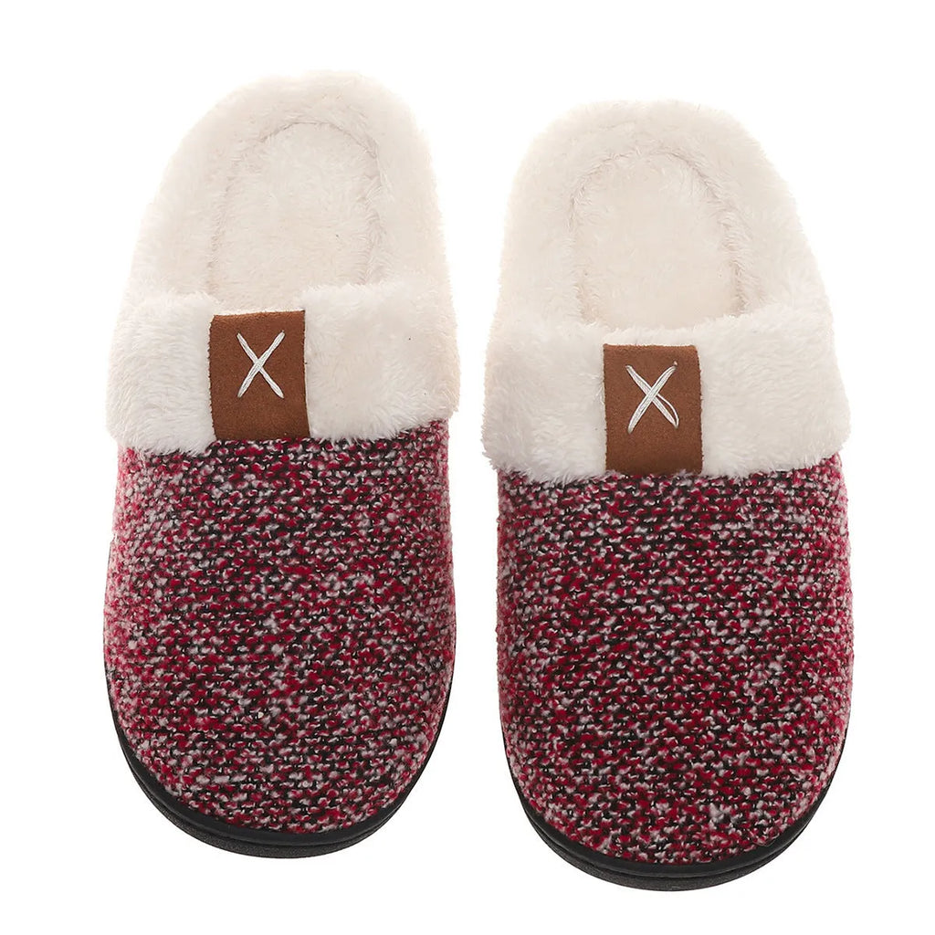 Winter plush slippers with thick bottom and round toe, unisex indoor house shoes in burgundy color