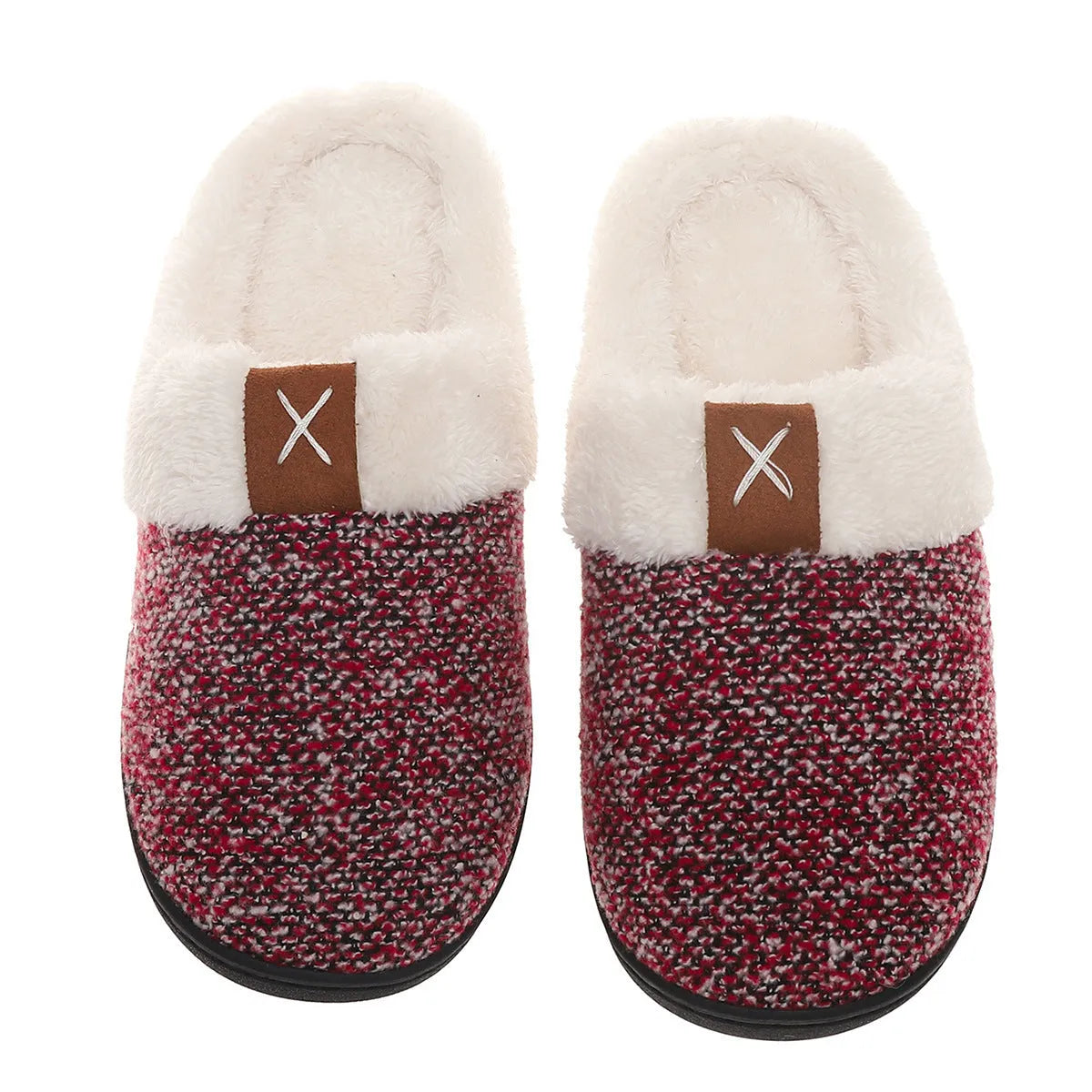 Winter plush slippers with thick bottom and round toe, unisex indoor house shoes in burgundy color