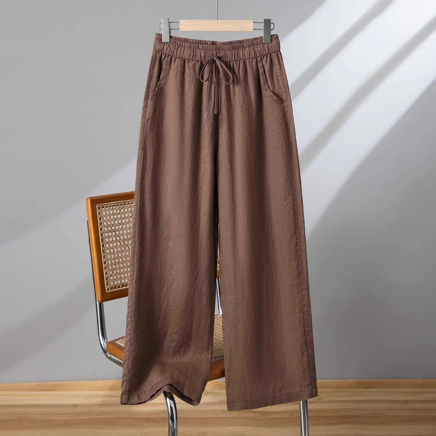 Women's straight-leg casual trousers with elastic waist and lace-up drawstring in four colour options