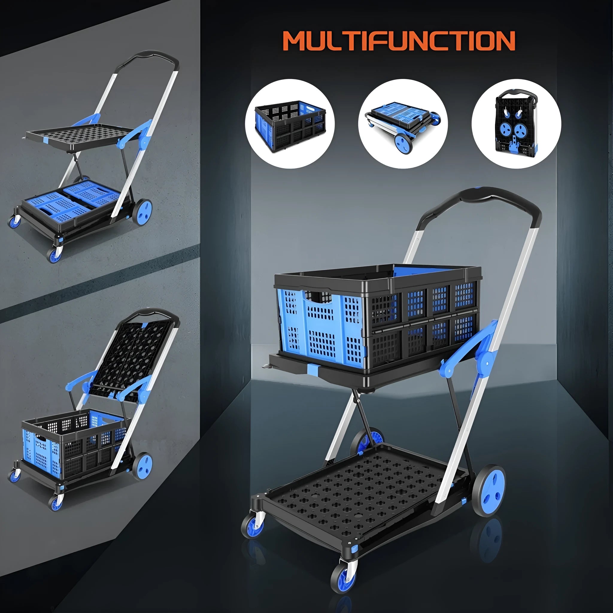 Blue foldable shopping trolley with two plastic baskets showing collapsed and extended positions