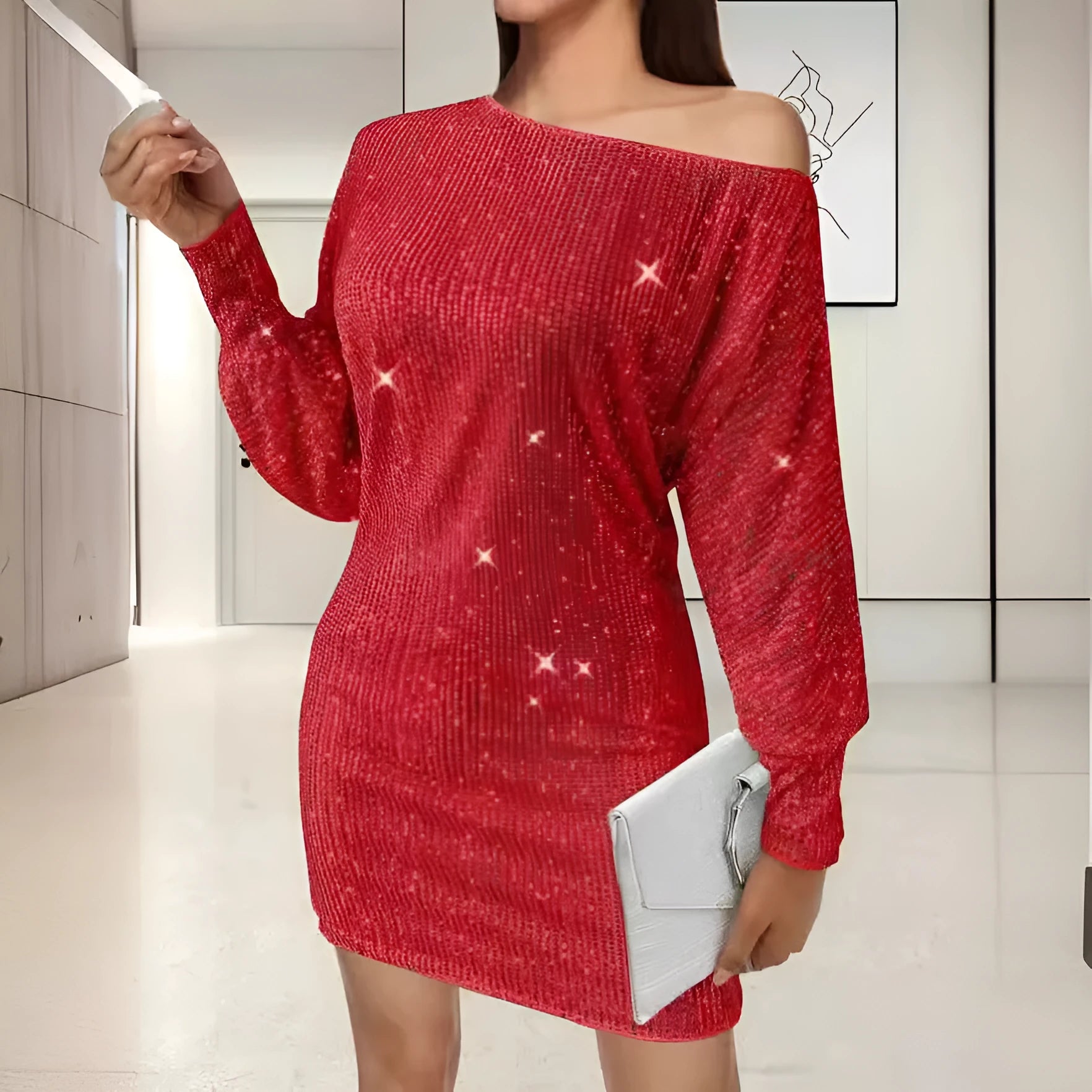 Women's sequin one-shoulder long sleeve midi dress with asymmetric hem and A-line skirt in solid colour