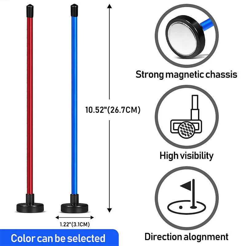Red and blue aluminium alloy golf swing alignment trainer on a practice mat.