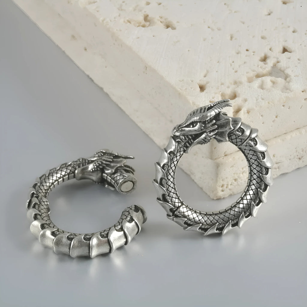 Pair of large stainless steel geometric dragon earrings with antique silver finish and alloy fittings.