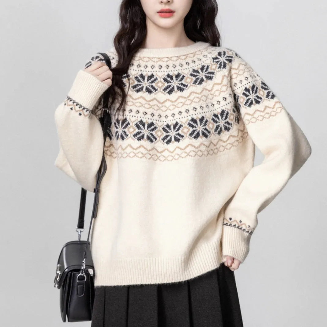 Women's milky white fair isle pullover sweater with geometric pattern, crew neck and long sleeves