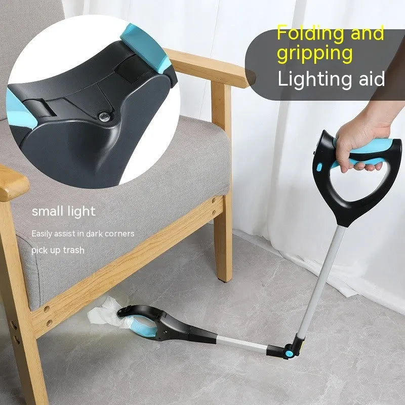 Blue plastic and aluminium alloy trash folder sewer pliers clamping a rubbish bag.