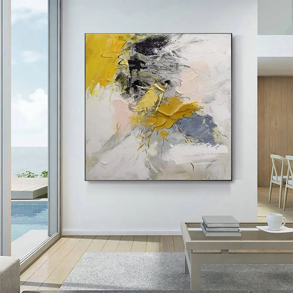 Hand painted abstract oil painting on canvas, modern square artwork, gold and black tones, for living room wall decor