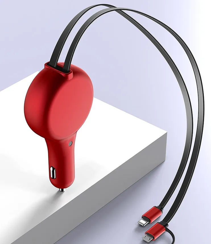 Black retractable dual-port car charger with extended cables next to smartphone