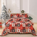 Red and black plaid Christmas pattern quilt cover and pillowcases on a bed.