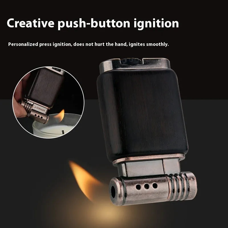 Black wood gas lighter with rosewood decorative finishes including sun face design