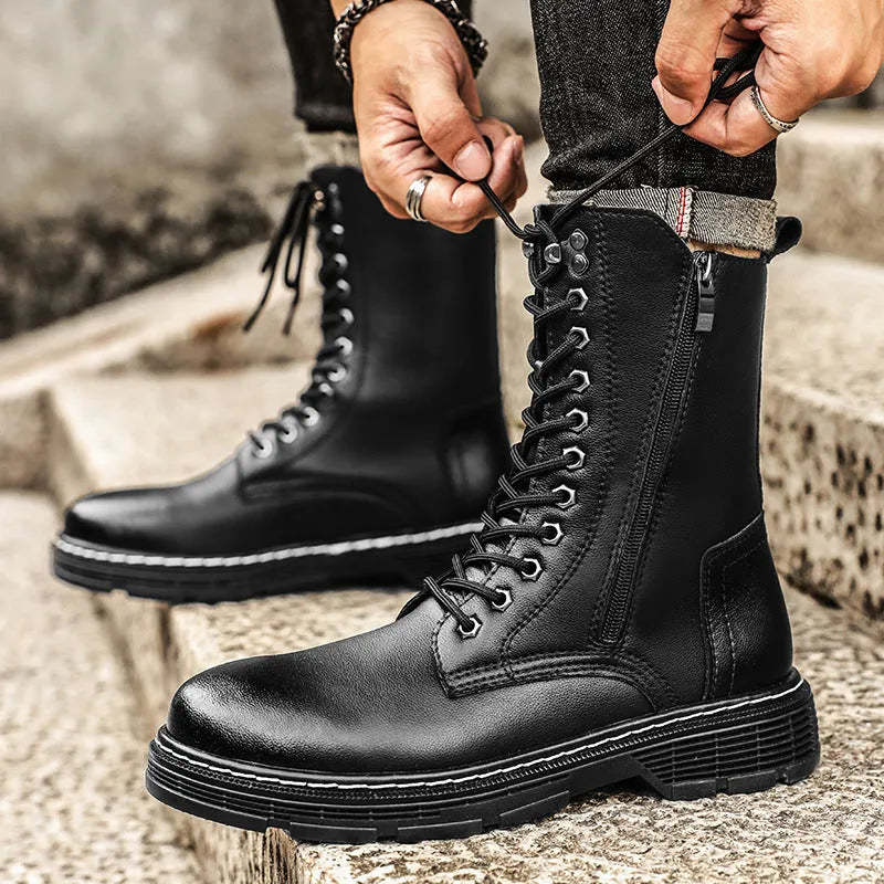 Men's black genuine leather high-top Martin boots with round toe and lace-up closure
