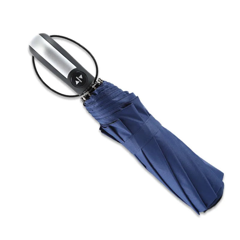 Automatic opening triple-fold business sun-shade umbrella in black colour with steel ribs and rubber handle