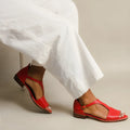 Red women's plus size square buckle sandals with herringbone toe holder in casual style