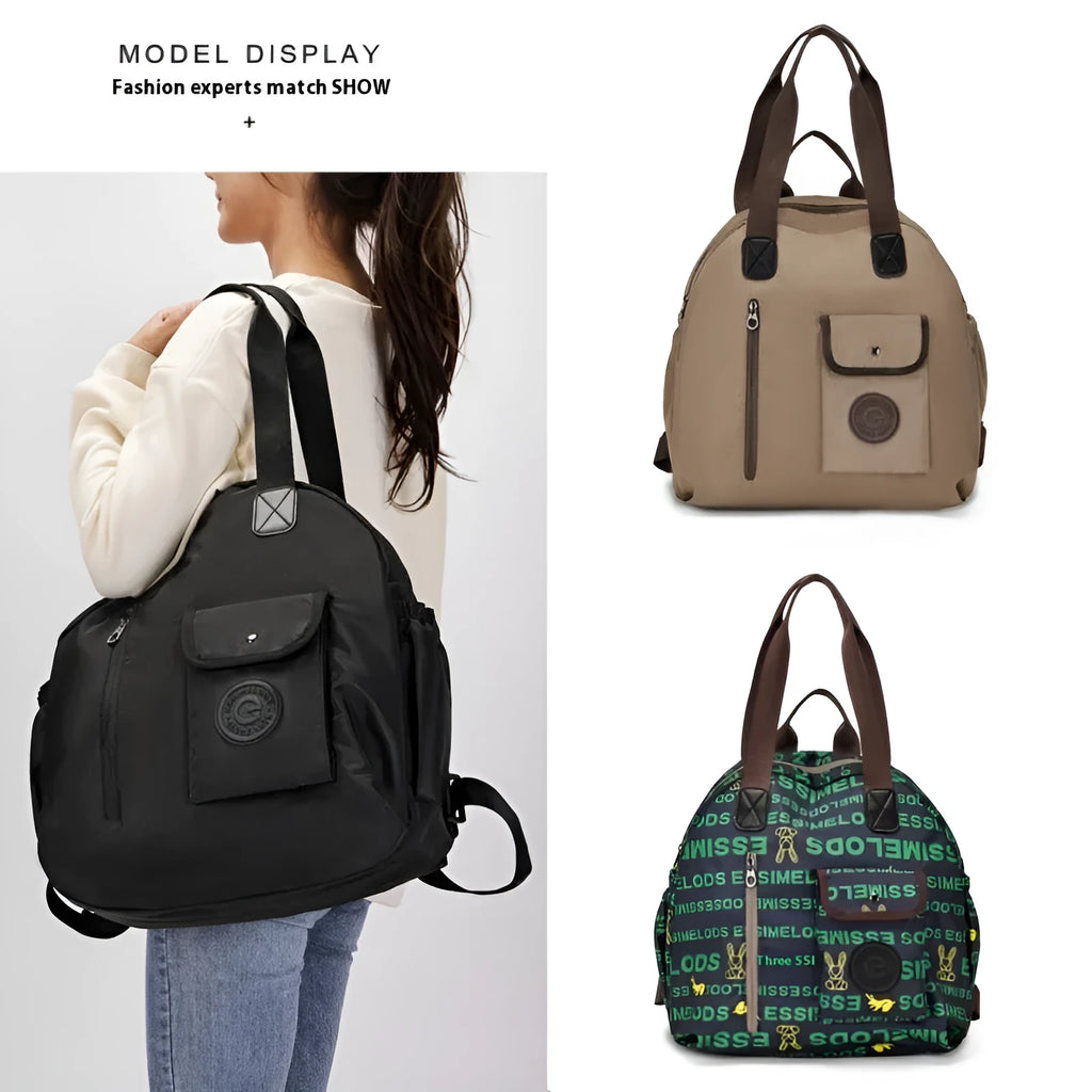 Outdoor backpack for women with sandwich pockets showing black, khaki and green colour options