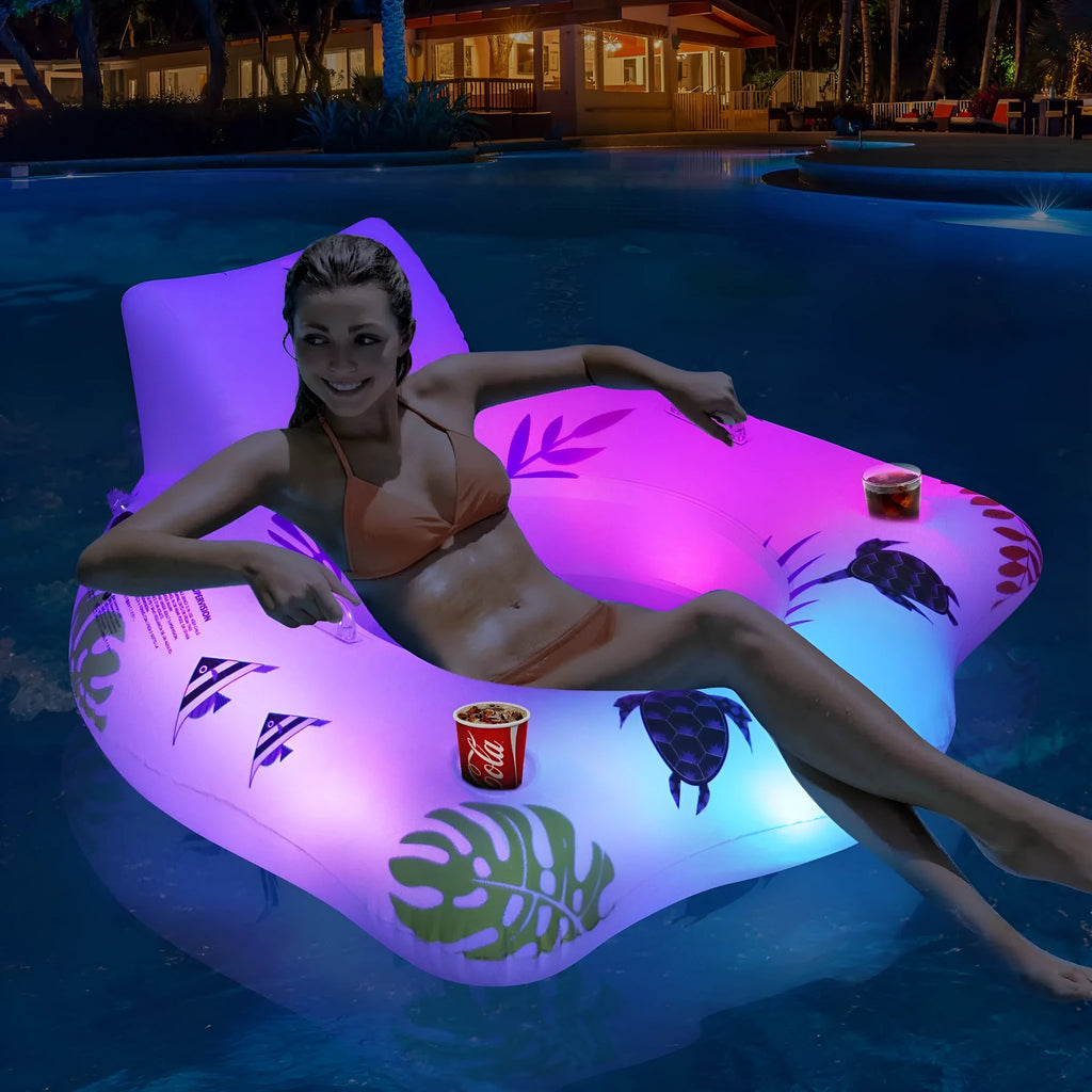 White luminous U-shaped inflatable water float seat on blue water surface