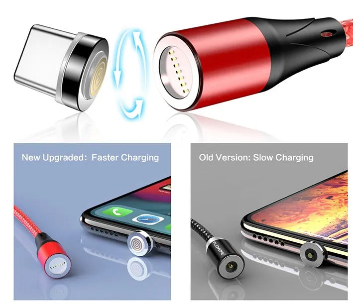 Magnetic smartphone charging cable with LED lights showing black, red, and silver colour options