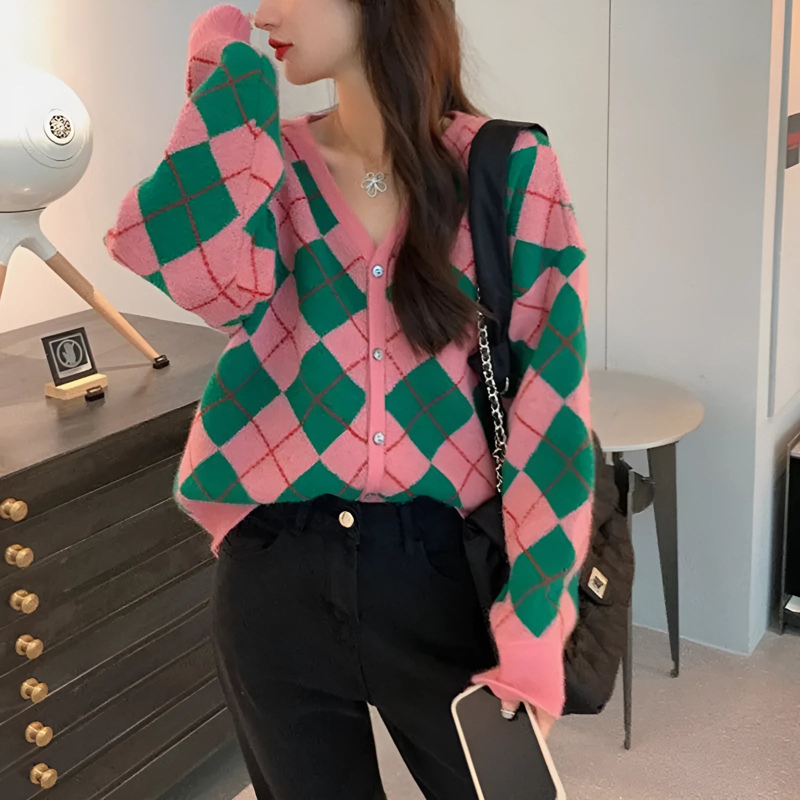 Casual knitted cardigan coat in acrylic fabric available in pink, green, black, dark khaki and light khaki colours