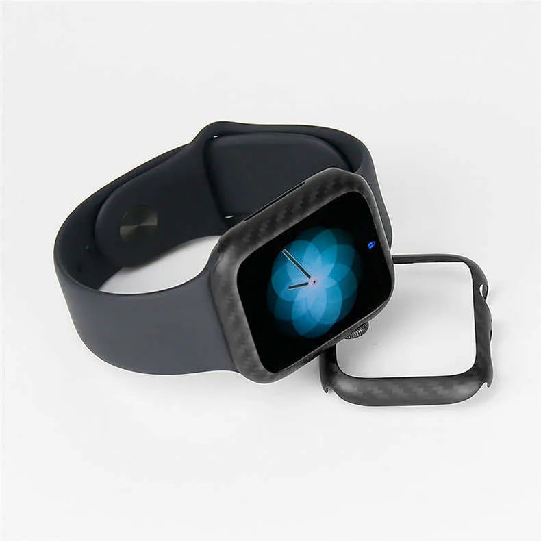 Apple Watch 4 half wrap leather case with carbon fibre in bright black and matt black 44mm options