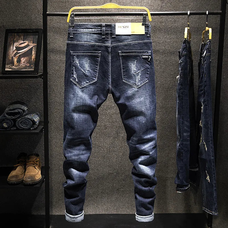 Men's slim-fit skinny jeans in dark blue and light blue denim options