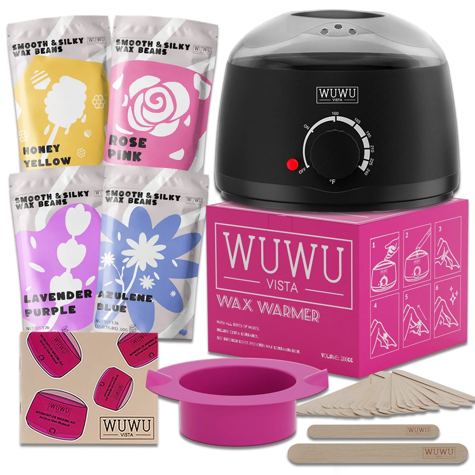 27-piece hair removal wax kit showing digital warmer, four coloured wax beads, wax sticks and guidebook