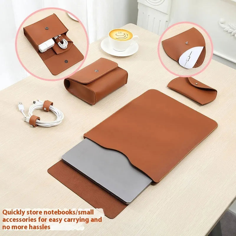 Set of four imitation leather protective covers for laptop edges in brown, gray, apricot, and light pink colours