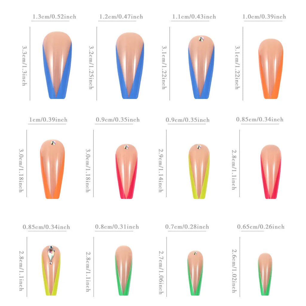 Diamond colour detachable nail tips featuring cartoon, love, and cross heart patterns with jelly glue and tools.