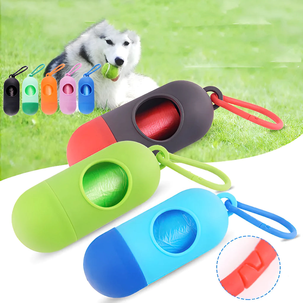 Small rectangular dog poop bag holder with a Velcro strap and metal hook, shown in a choice of colours.
