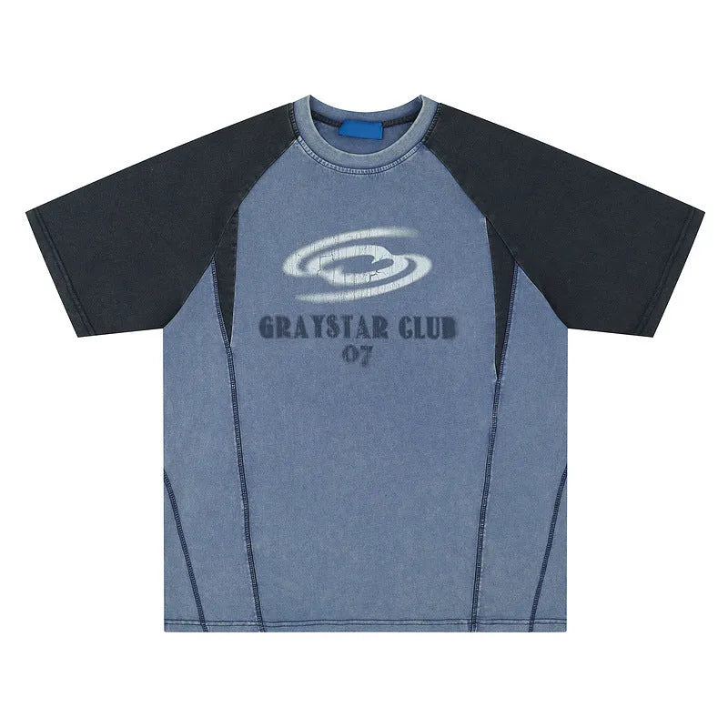 Men's blue hip hop letter print raglan sleeve cotton T-shirt laid flat.