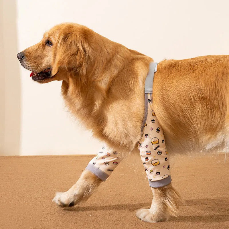 Adjustable dog knee protector with elbow padding and matching scarf in blue, grey or yellow