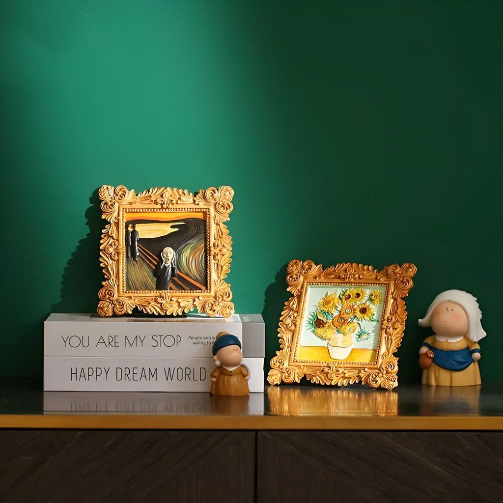 DIY oil painting kit showing epoxy pottery base, propylene pigments and brushes for creating famous art reproductions
