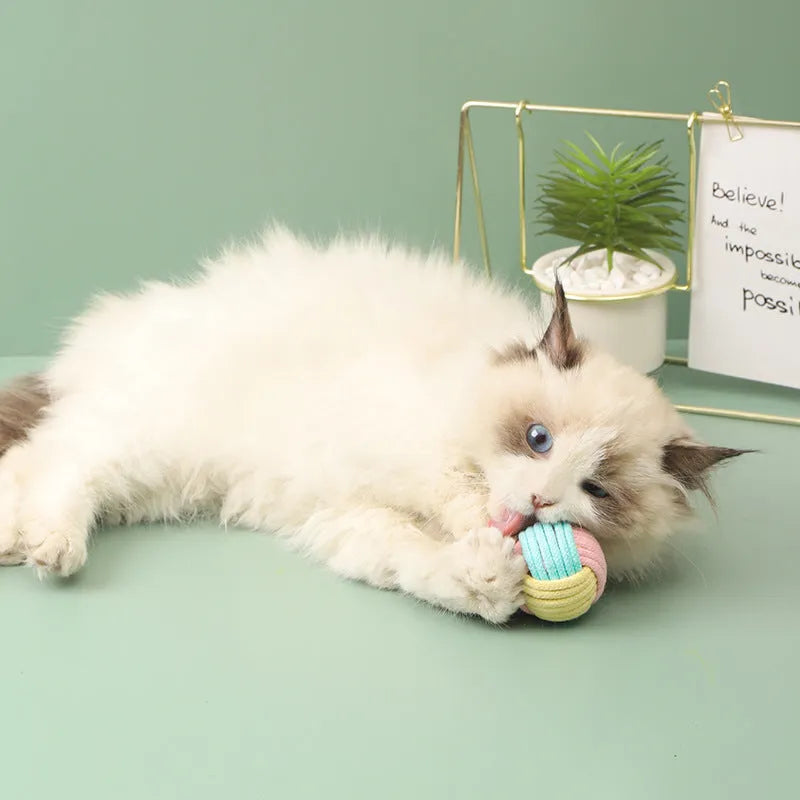 Handmade cat hair ball plush cotton ball interactive toy in blue powder green blue pink green colours