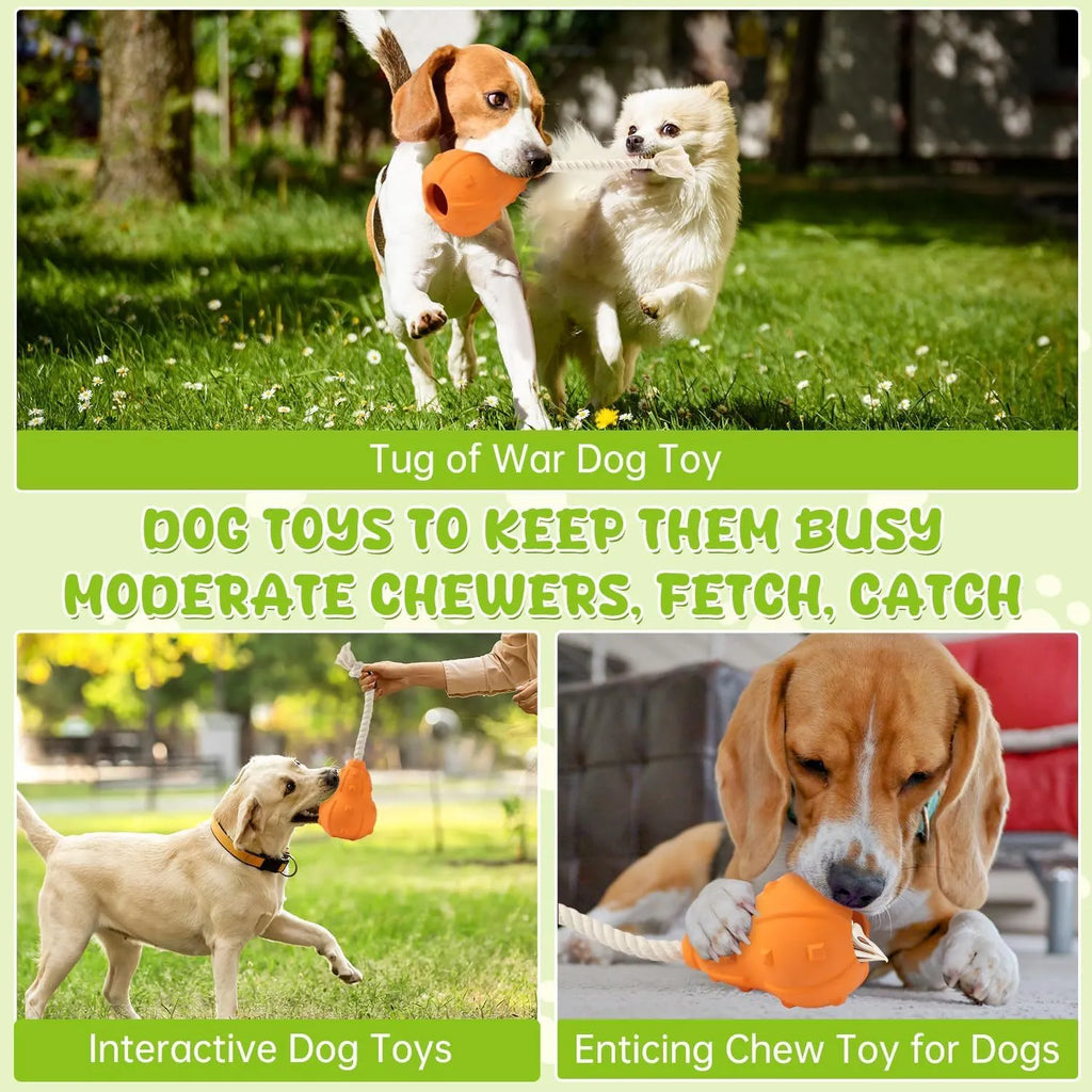 Natural rubber stuffable dog toy with longer strap for interactive fetch and treat dispensing