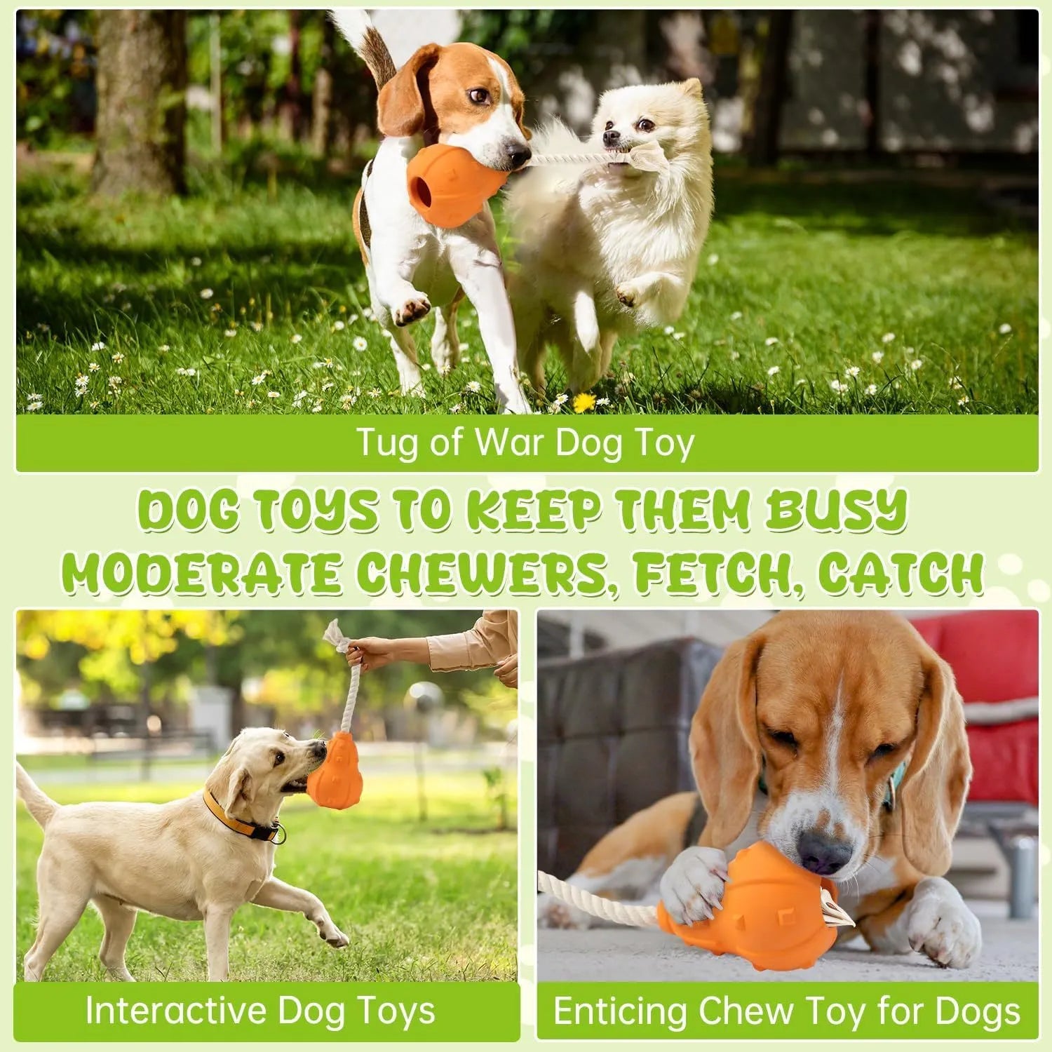 Natural rubber stuffable dog toy with longer strap for interactive fetch and treat dispensing