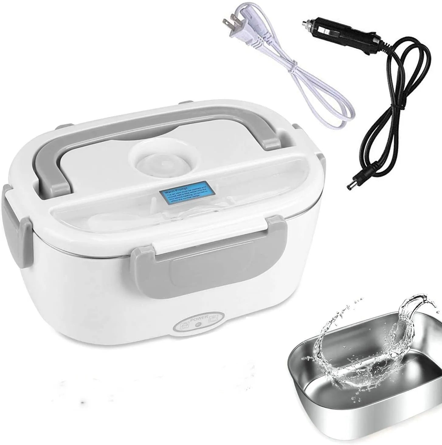 Grey dual-power electric lunch box with heating function for car and home use
