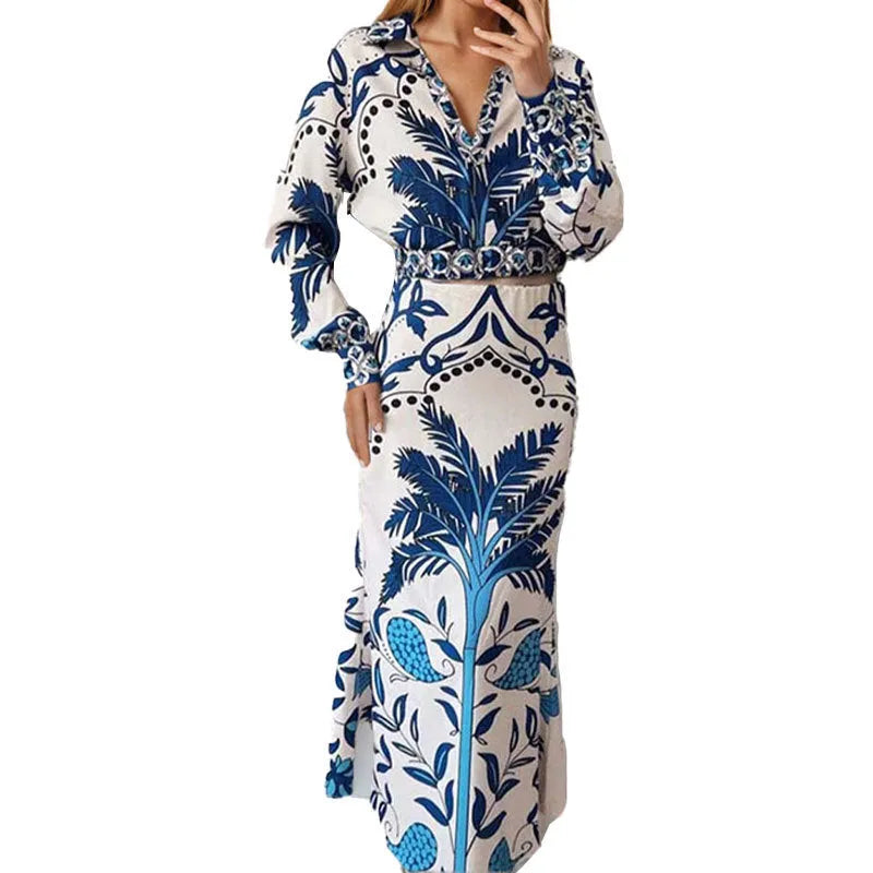 Women's casual polyester two-piece set with long sleeve top and matching long skirt in picture colour
