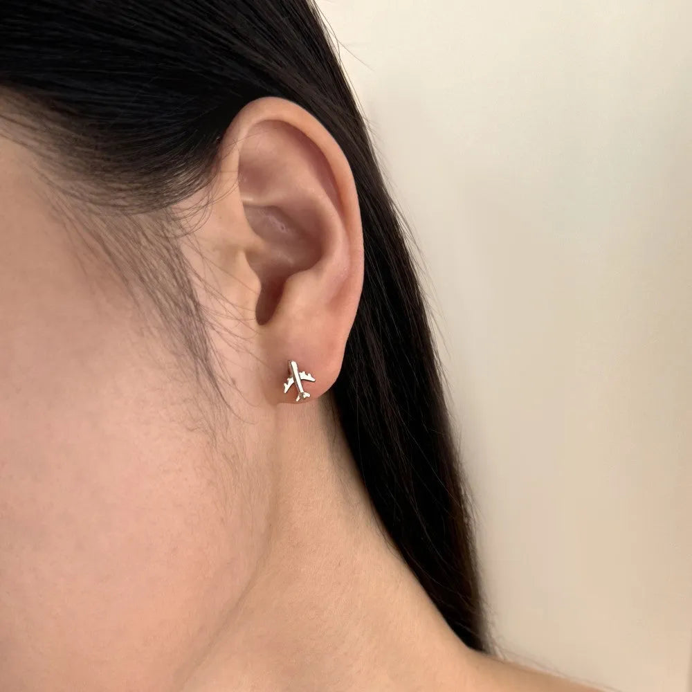 Pair of S925 sterling silver stud earrings with aircraft motif, platinum electroplated finish