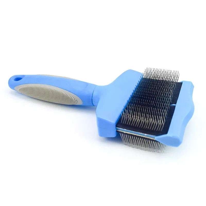 Blue double-sided pet brush with stainless steel pins on a white background, showing both gentle and firm bristle sides.