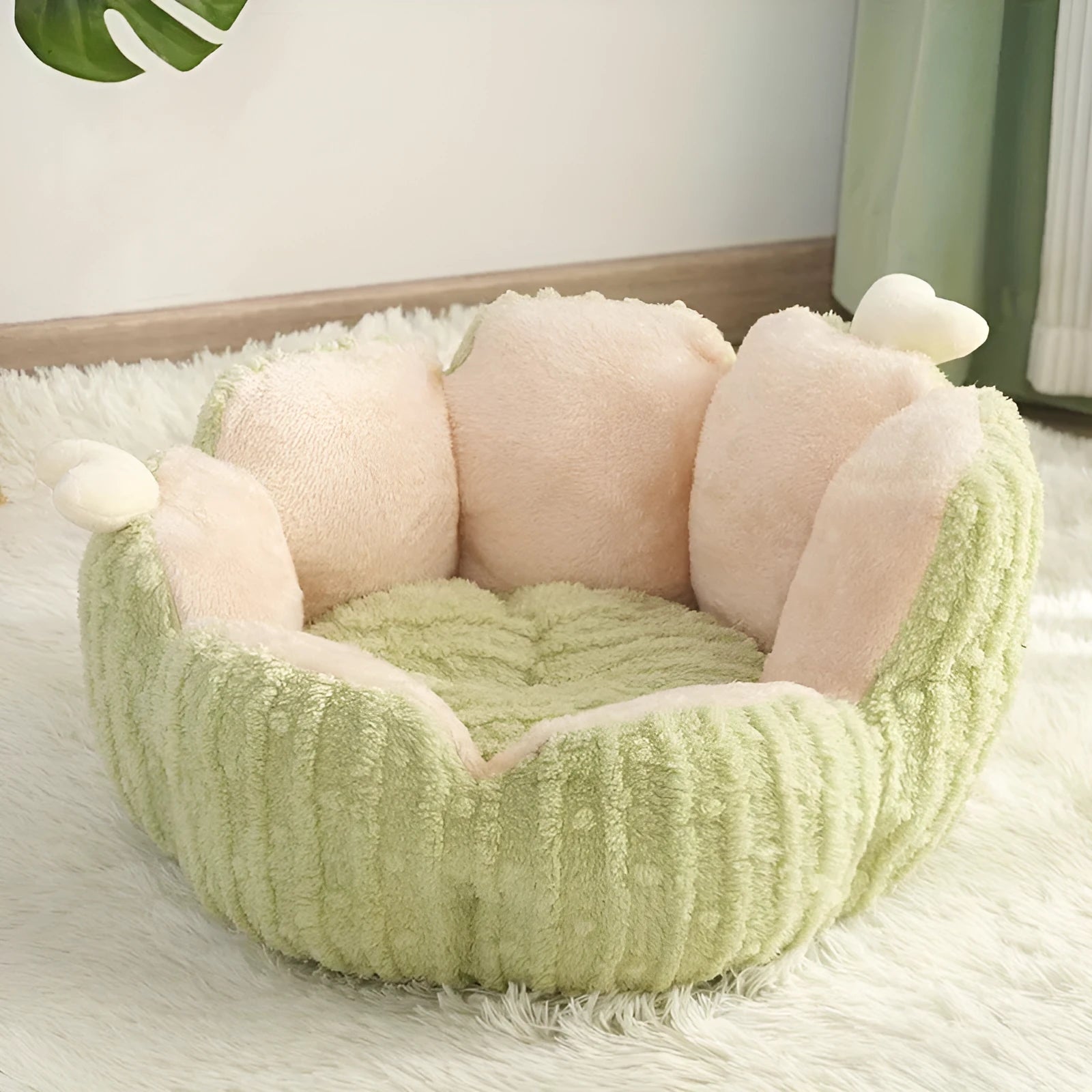 Cat litter kennel with cactus design and soft padded sides in purple or green colour