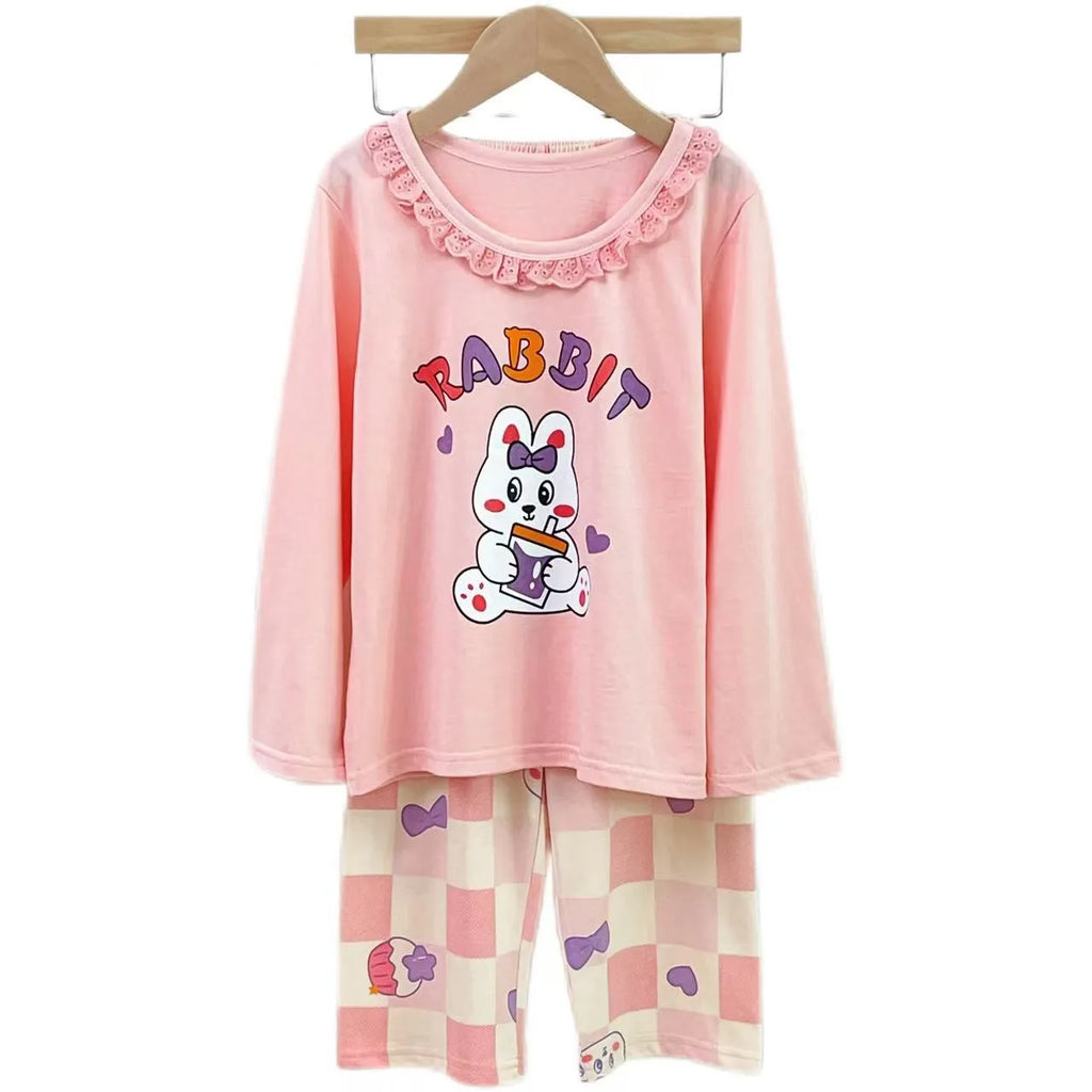 Girls cotton pyjama set with pink cartoon rabbit print, summer homewear, suitable for height 110-170cm