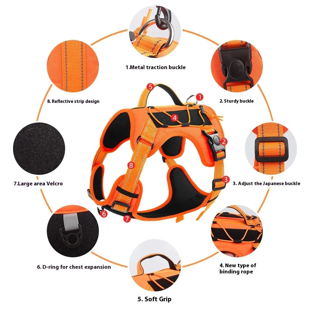 Reflective orange dog harness with explosion-proof breast strap and integrated hand holding rope