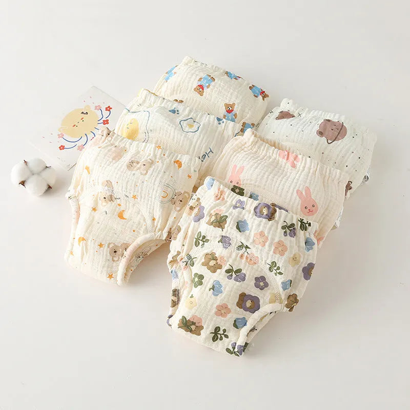 Gauze cotton baby training pants in pure cotton with waterproof layer, ring waist design