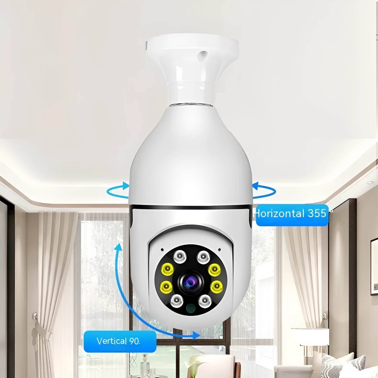 Wireless bulb security camera with plastic and metal housing measuring 5cm by 12cm
